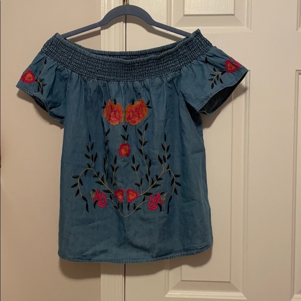 Francesscas denim embroidered off the shoulder top